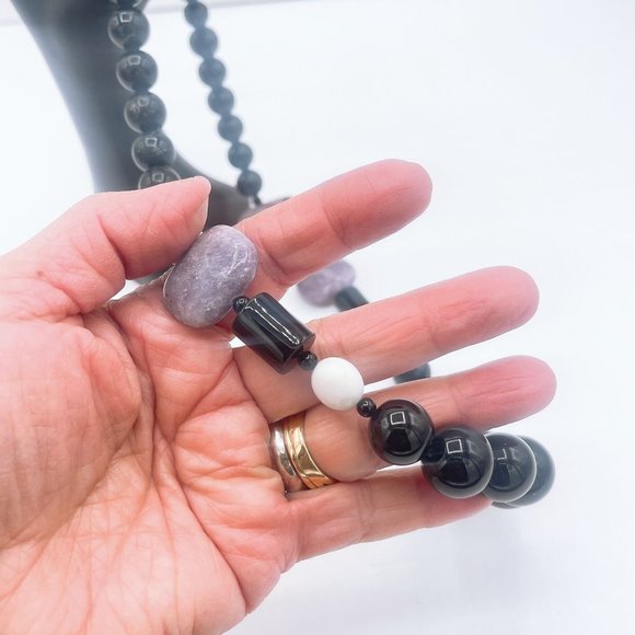 Black White Levander Natural Stones Beads Necklace Medium - Picture 3 of 7